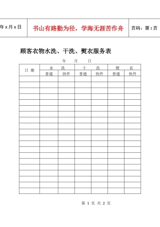 顾客衣物水洗、干洗、熨衣服务表