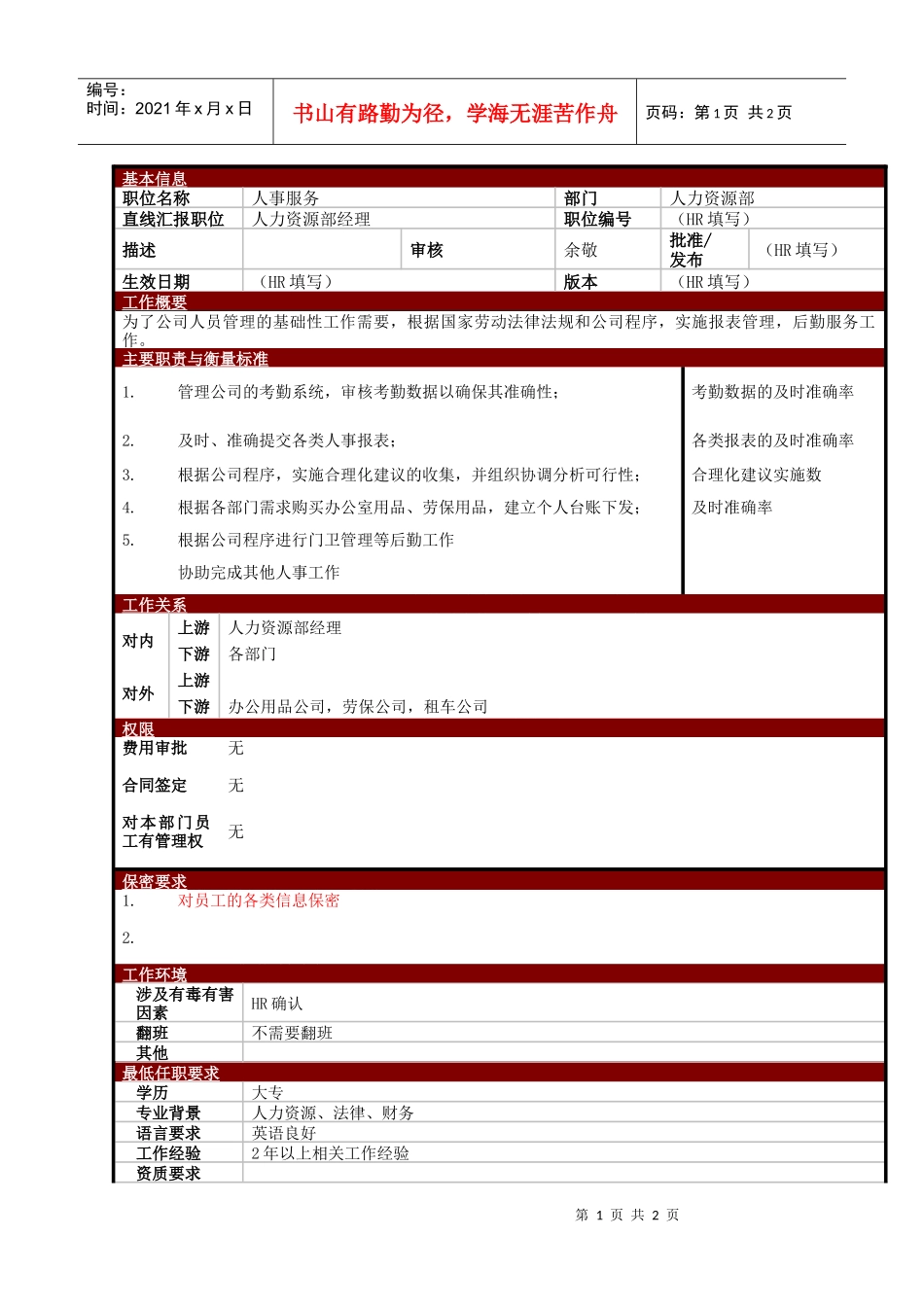 某大型电子公司人事服务职位说明书_第1页