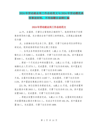 2024年劳动就业局工作总结范文与2024年劳动模范典型事迹材料：不待扬鞭自奋蹄汇编