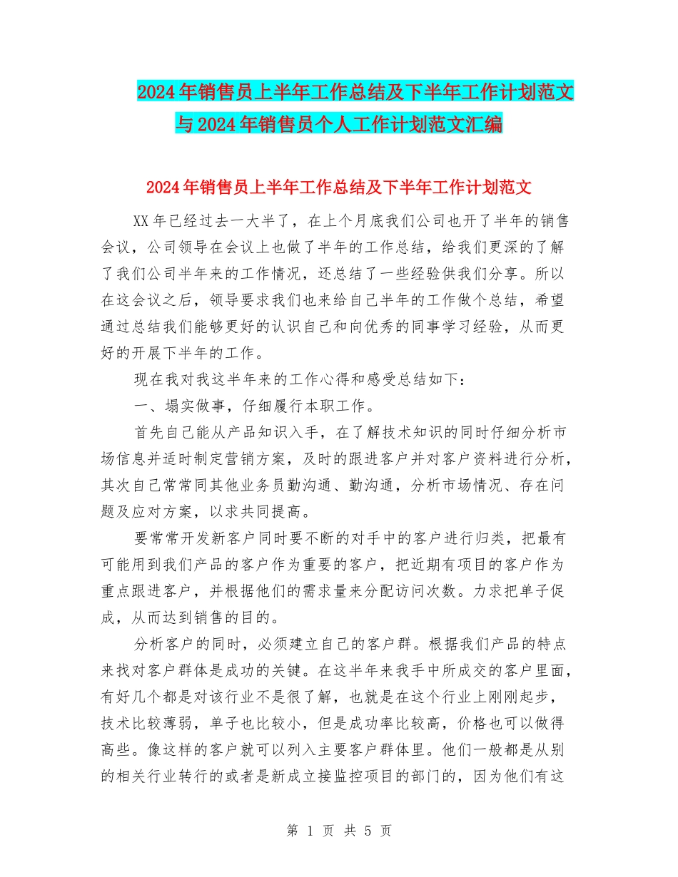 2024年销售员上半年工作总结及下半年工作计划范文与2024年销售员个人工作计划范文汇编_第1页