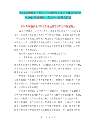 2024年销售员上半年工作总结及下半年工作计划范文与2024年销售员个人工作计划范文汇编