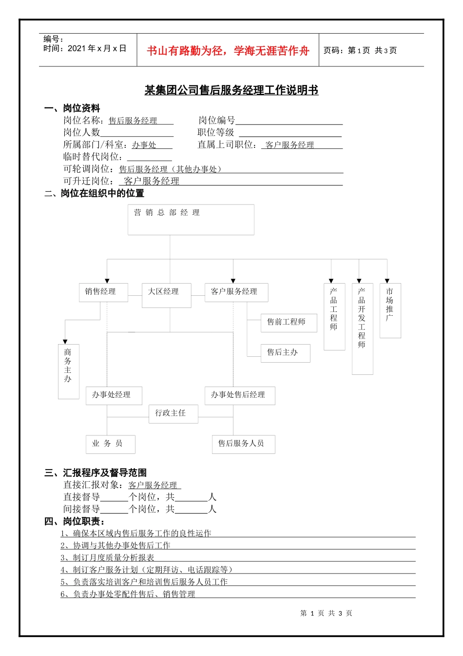 某集团公司售后服务经理工作说明书_第1页