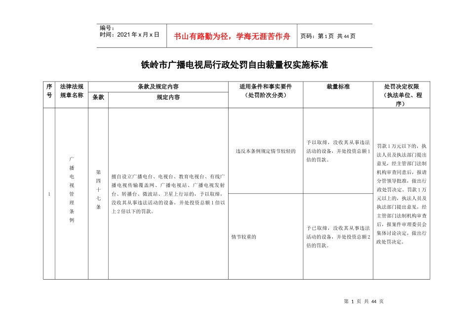 铁岭市广播电视局行政处罚自由裁量权实施标准_第1页