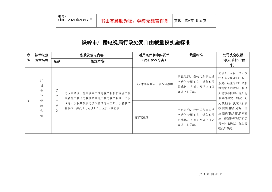 铁岭市广播电视局行政处罚自由裁量权实施标准_第2页