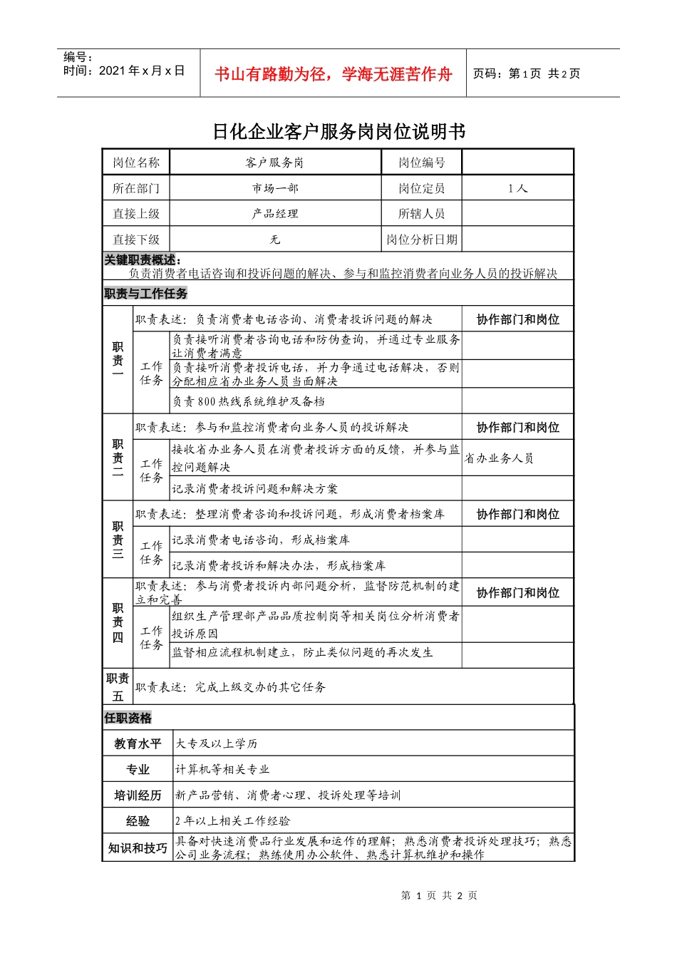 日化企业客户服务岗岗位说明书_第1页