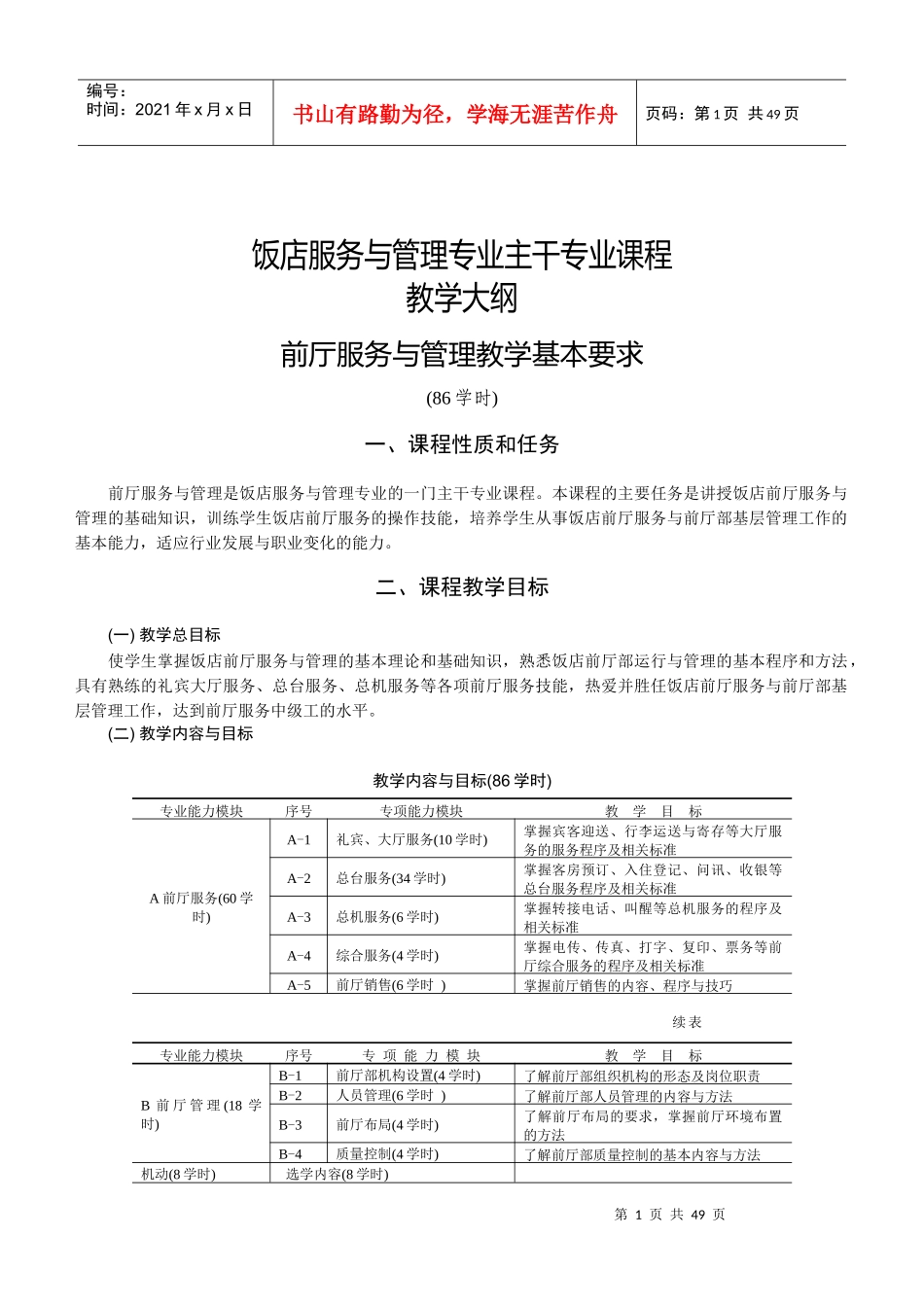 酒店服务与管理专业教学大纲_第1页