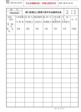 部门经理以上管理干部半年业绩评议表