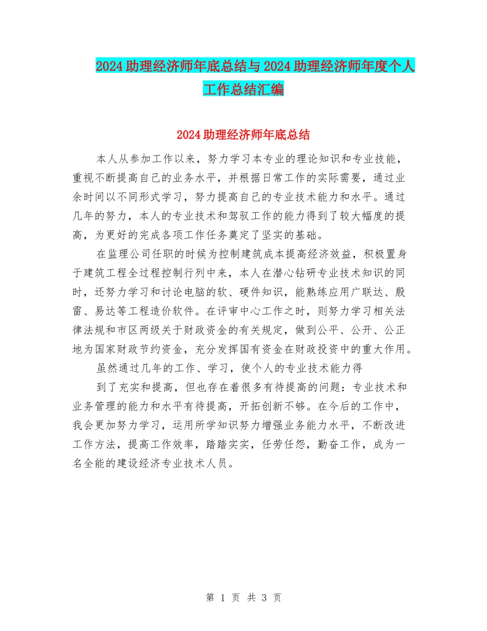 2024助理经济师年底总结与2024助理经济师年度个人工作总结汇编_第1页