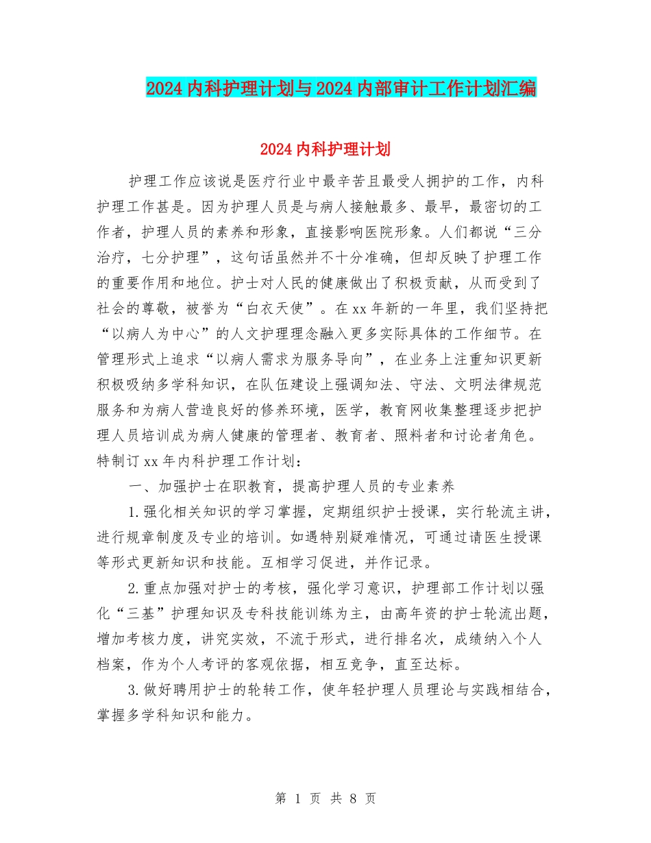 2024内科护理计划与2024内部审计工作计划汇编_第1页