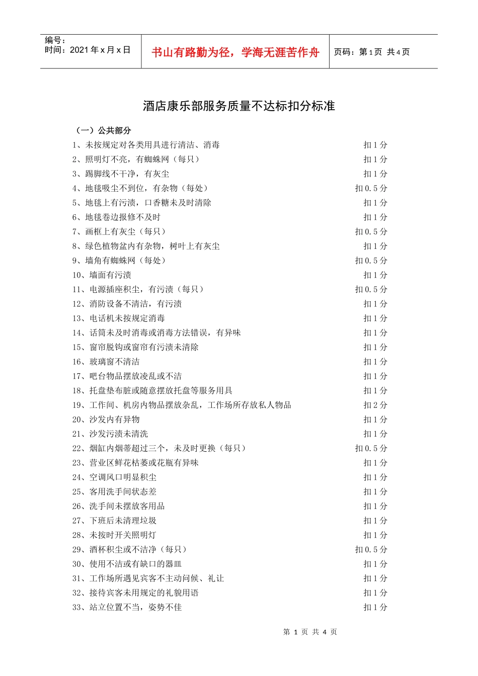 酒店康乐部服务质量不达标扣分标准_第1页