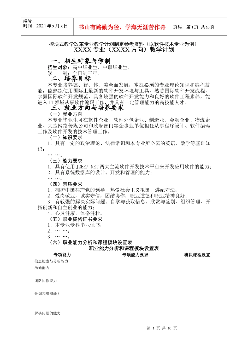模块式教学改革专业教学计划制定参考资料_第1页
