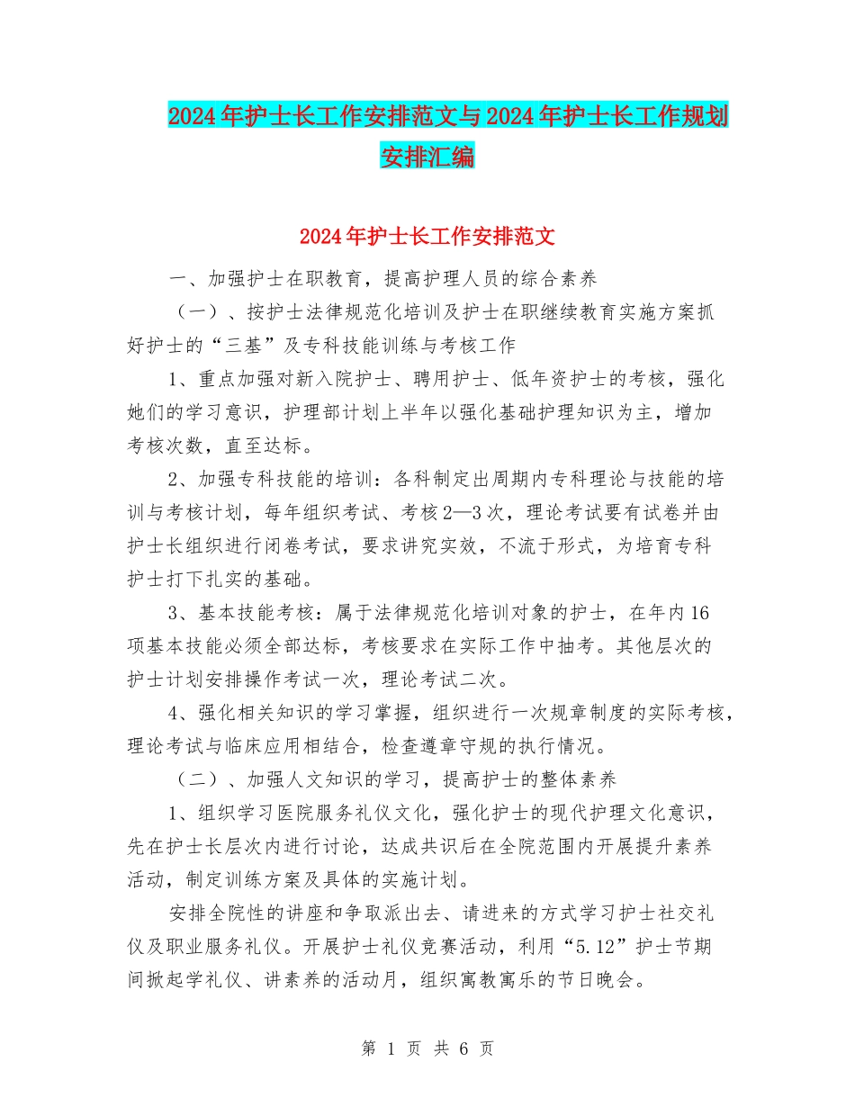 2024年护士长工作安排范文与2024年护士长工作规划安排汇编_第1页