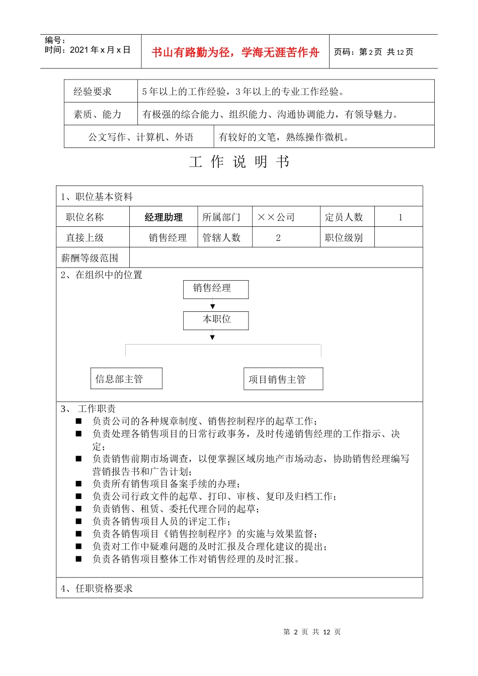 销售管理体系各岗位职位说明书_第2页