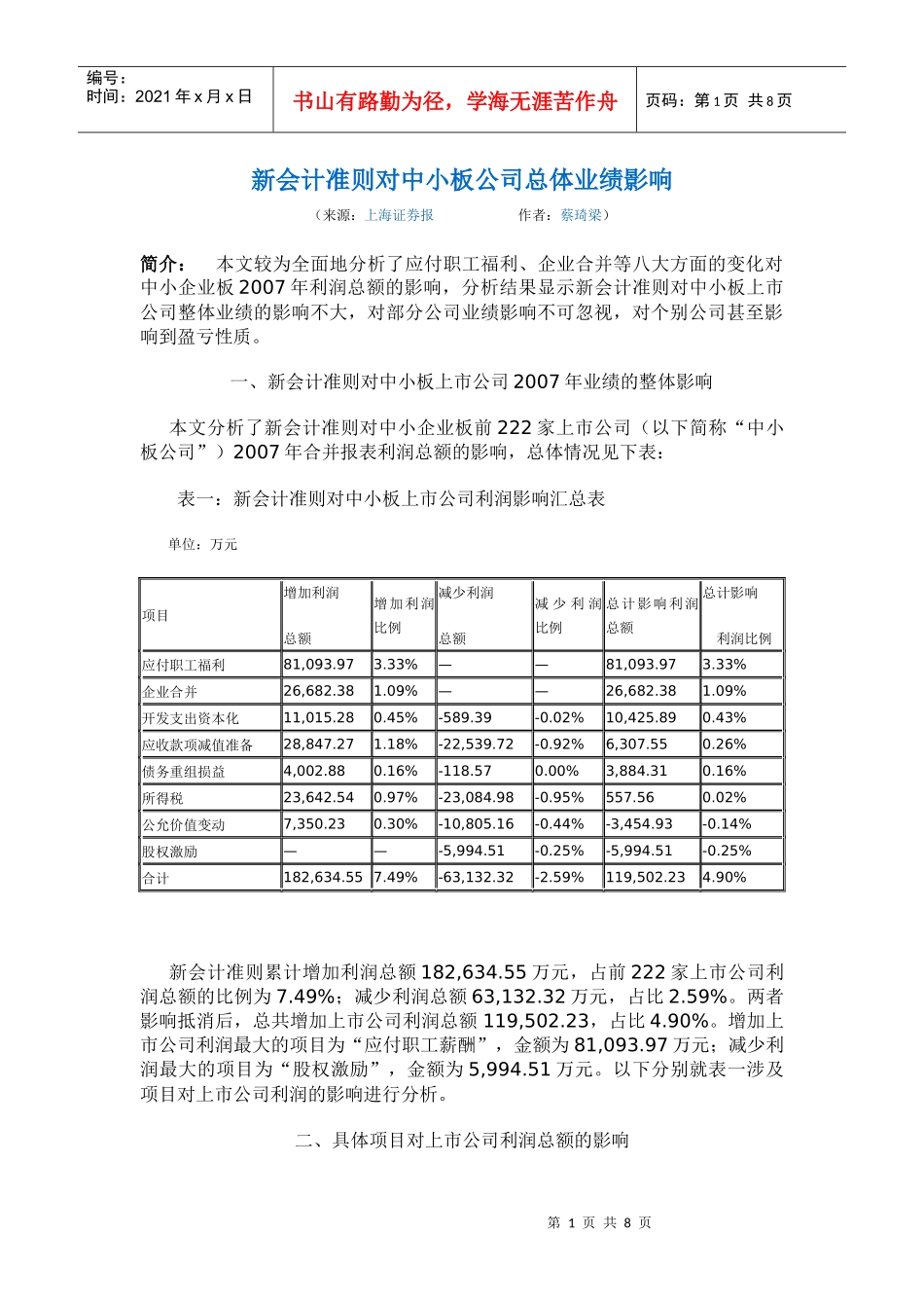 新会计准则对中小板公司总体业绩影响_第1页