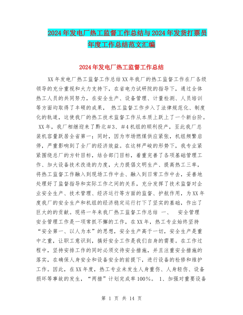 2024年发电厂热工监督工作总结与2024年发货打票员年度工作总结范文汇编_第1页