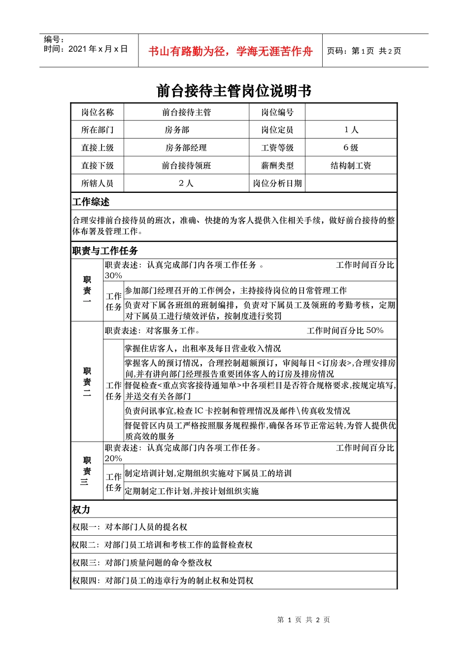 通用前台接待主管-岗位职责说明书_第1页