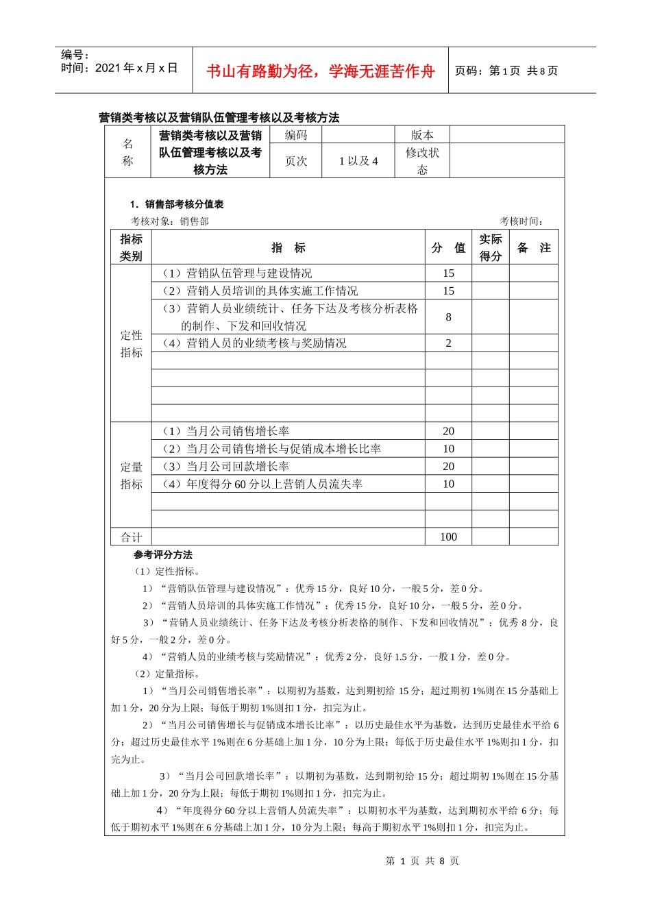 营销队伍管理考核以及考核方法_第1页