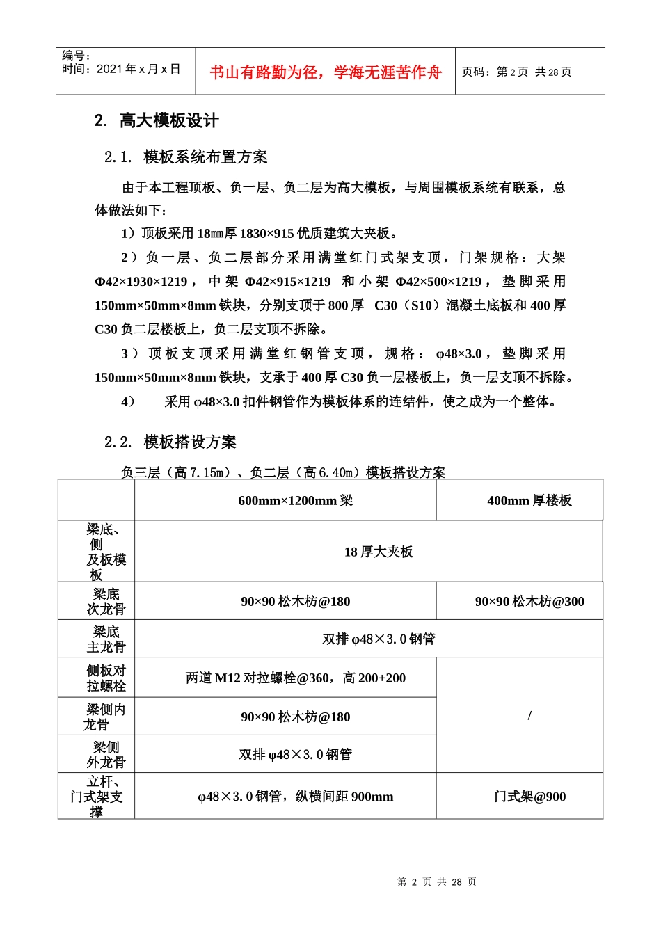 结构高大模板施工方案(PKPM计算软件_计算书_胶合板_第2页