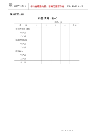 现代企业全面销售预算表格