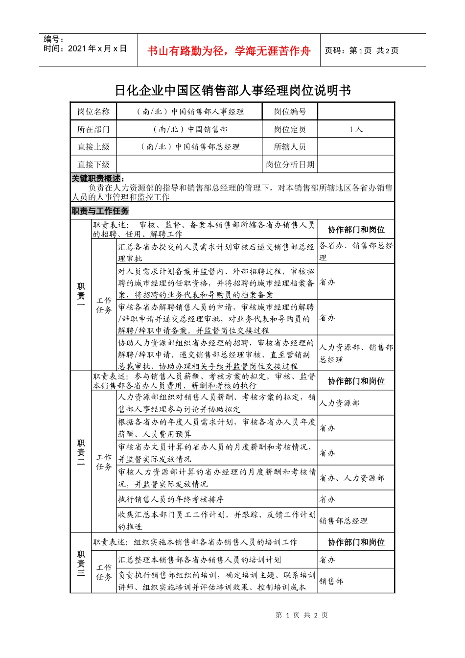 日化企业中国区销售部人事经理岗位说明书_第1页