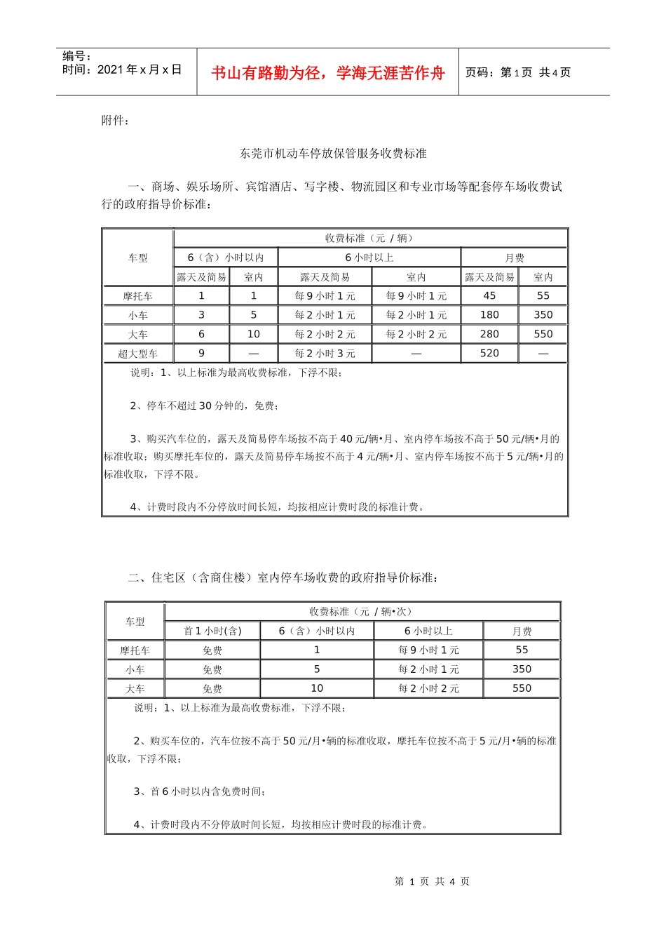 附件：东莞市机动车停放保管服务收费标准一、商场、娱乐场所_第1页