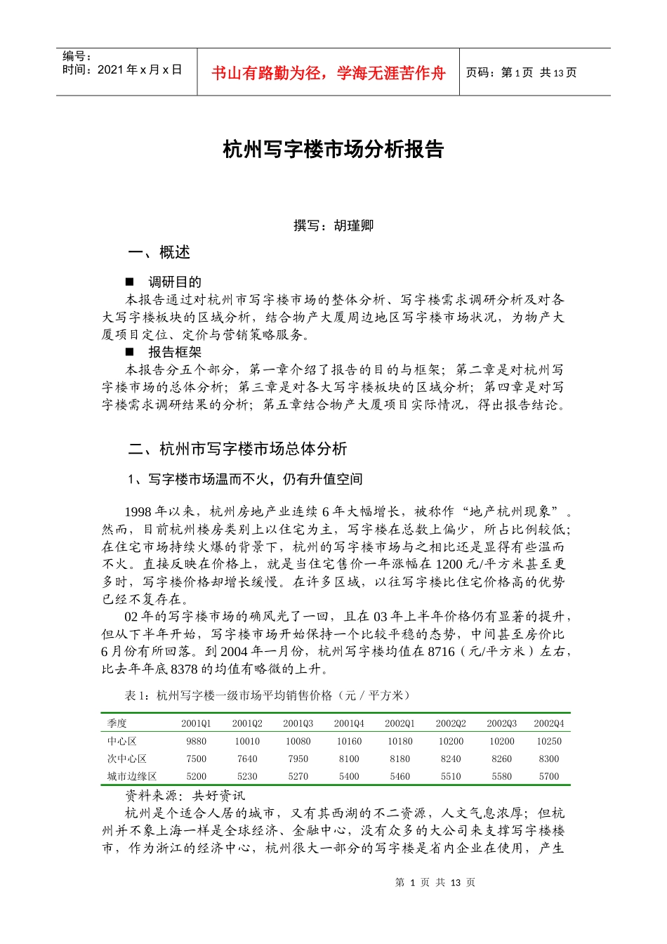 杭州写字楼市场分析报告_第1页