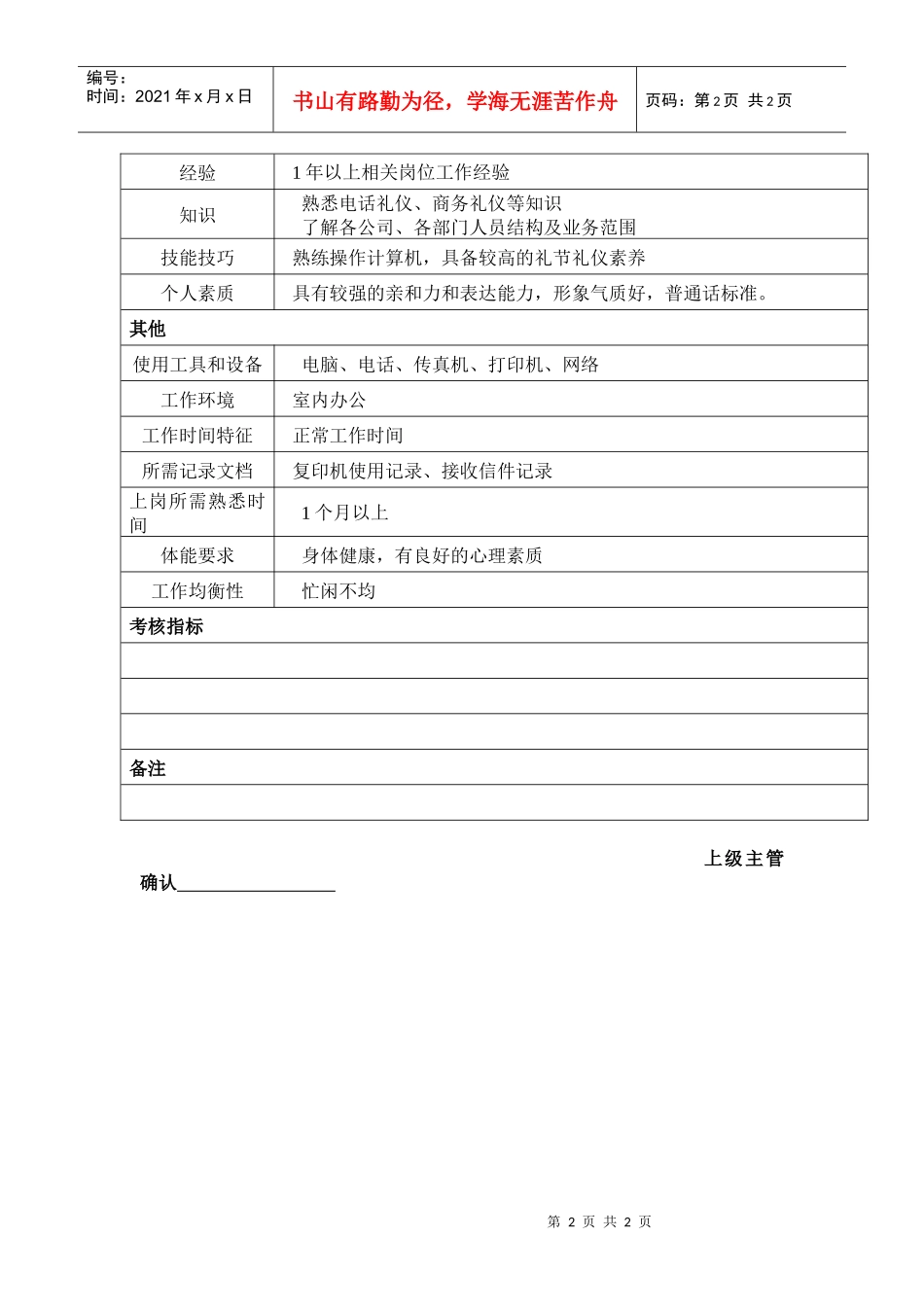 汽车集团综合办前台接待-岗位职责说明书_第2页