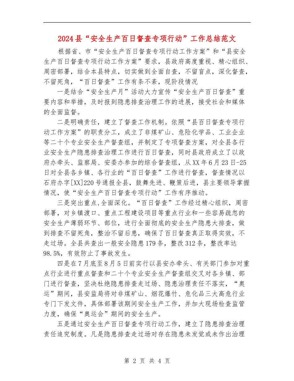 2024县“安全生产百日督查专项行动”工作总结范文_第2页