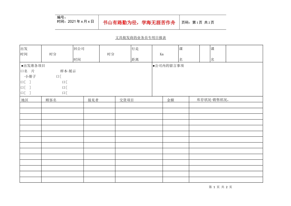 文具批发商的业务员专用日报表_第1页