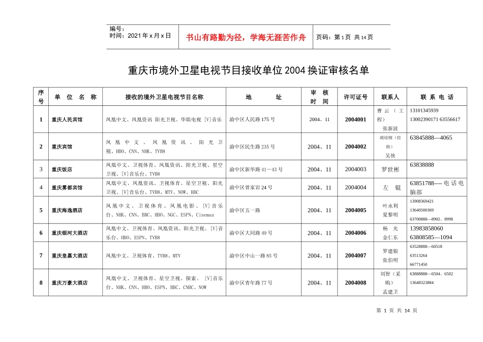 重庆市境外卫星电视节目接收单位基本情况表（一）_第1页