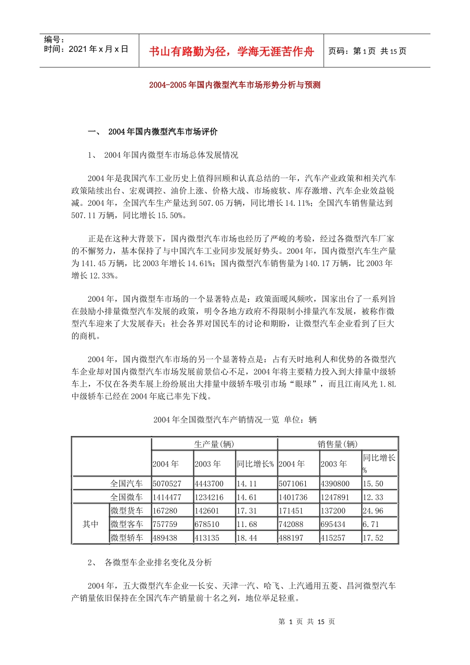 某年国内微型汽车市场形势分析与预测_第1页