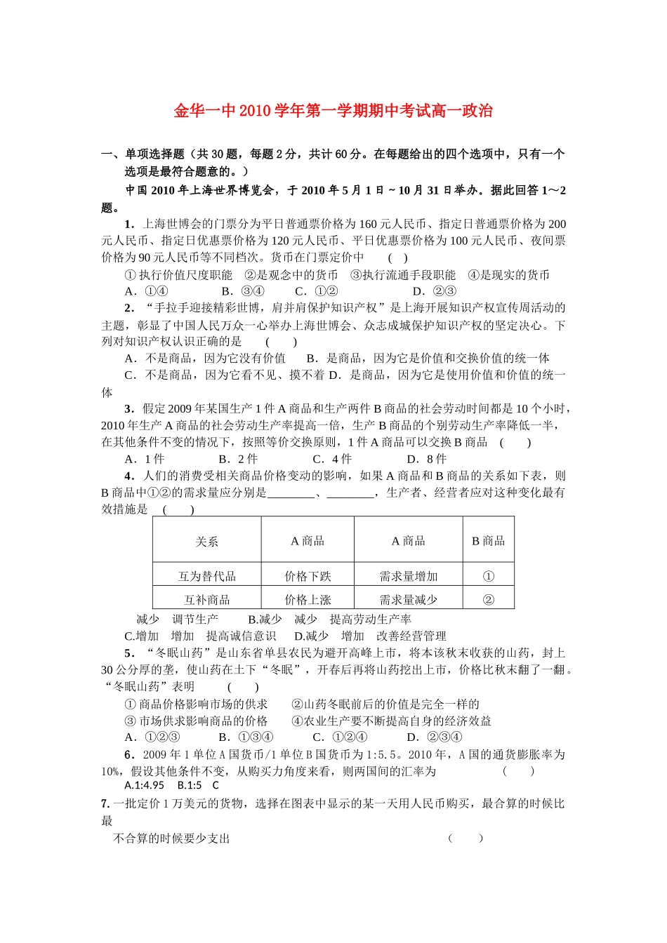 浙江金华10-11学年高一政治第一学期期中考试新人教版【会员独享】 _第1页