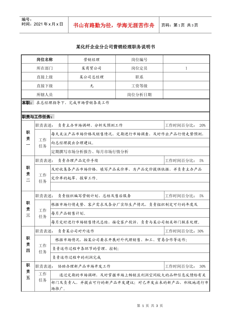 某化纤企业分公司营销经理职务说明书_第1页