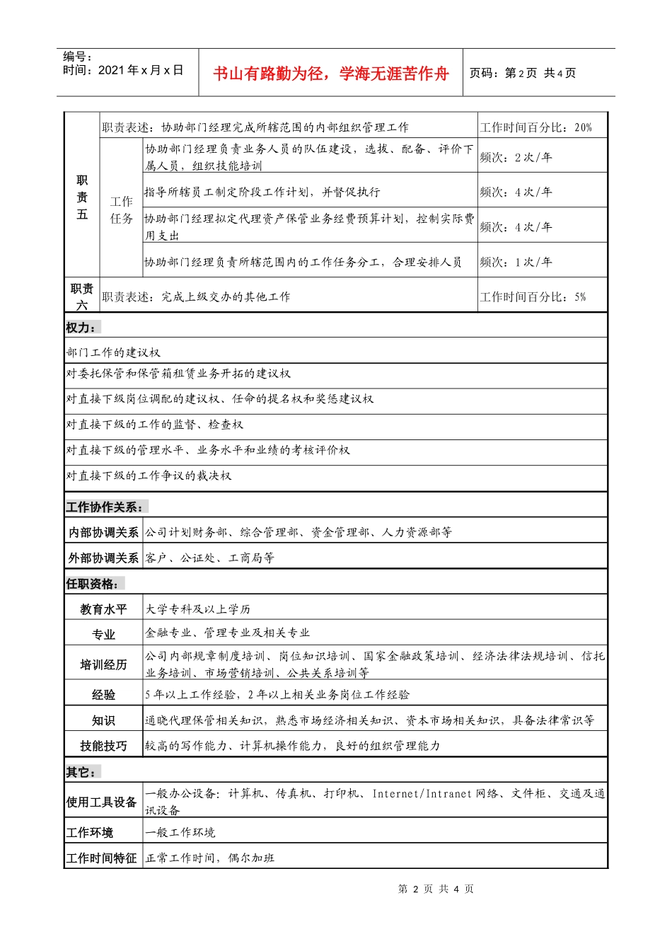 投资公司营业部代理保管业务副经理职务说明书_第2页