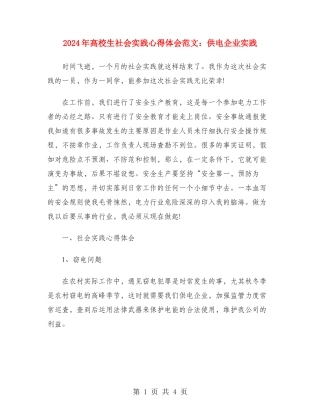 2024年大学生社会实践心得体会范文：供电企业实践