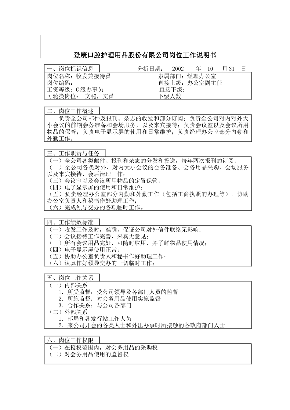 登康口腔护理用品股份有限公司收发兼接待_第1页