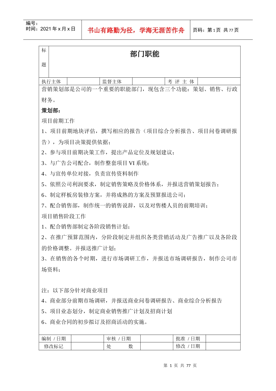 房地产营销策划部岗位职责制度_62页_第1页