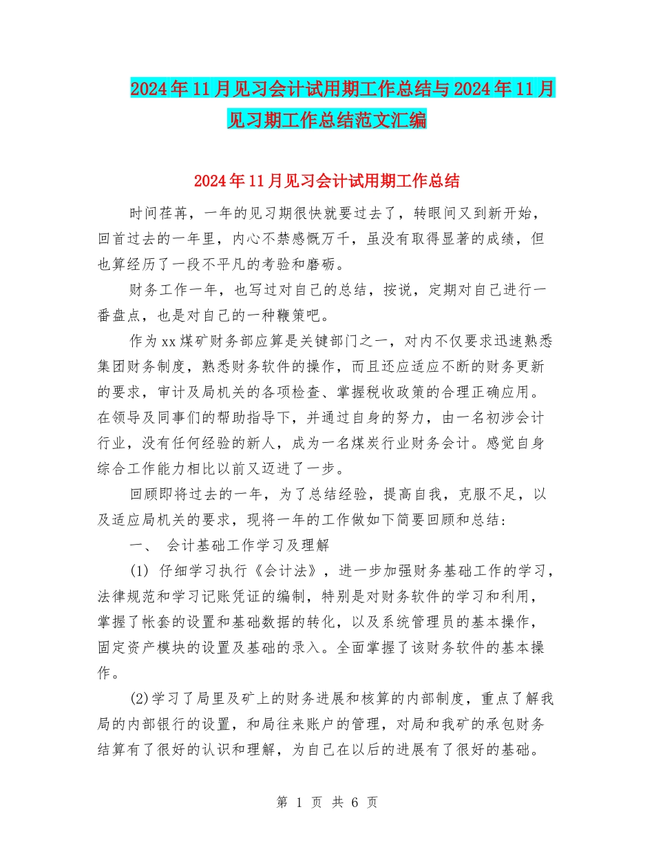 2024年11月见习会计试用期工作总结与2024年11月见习期工作总结范文汇编_第1页