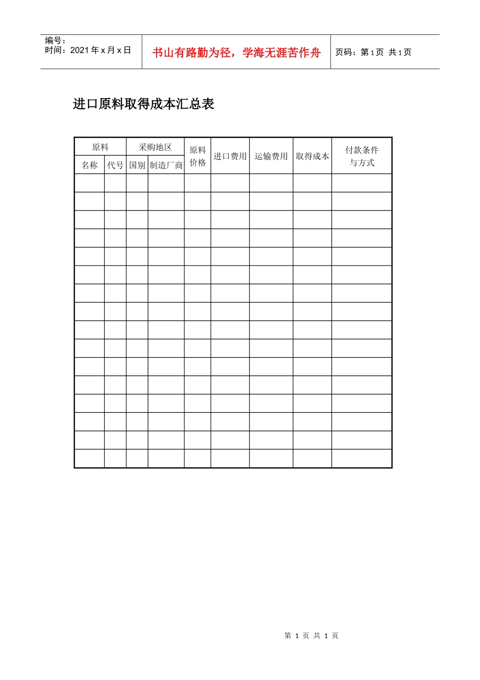 进口原料取得成本汇总表_第1页