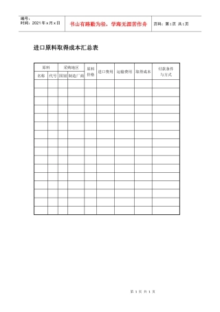 进口原料取得成本汇总表