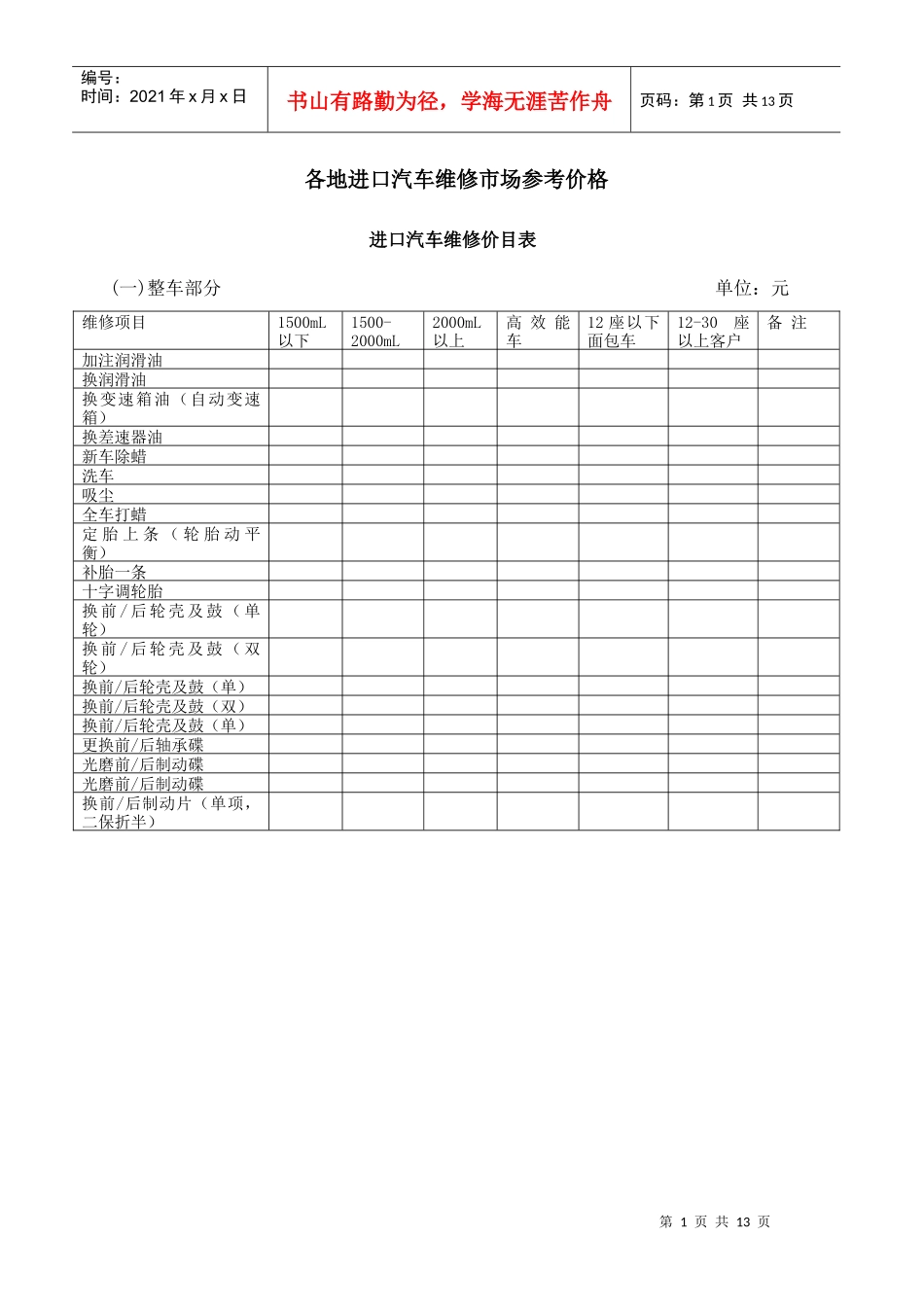 某4s汽车美容店进口汽车工时价格表_第1页