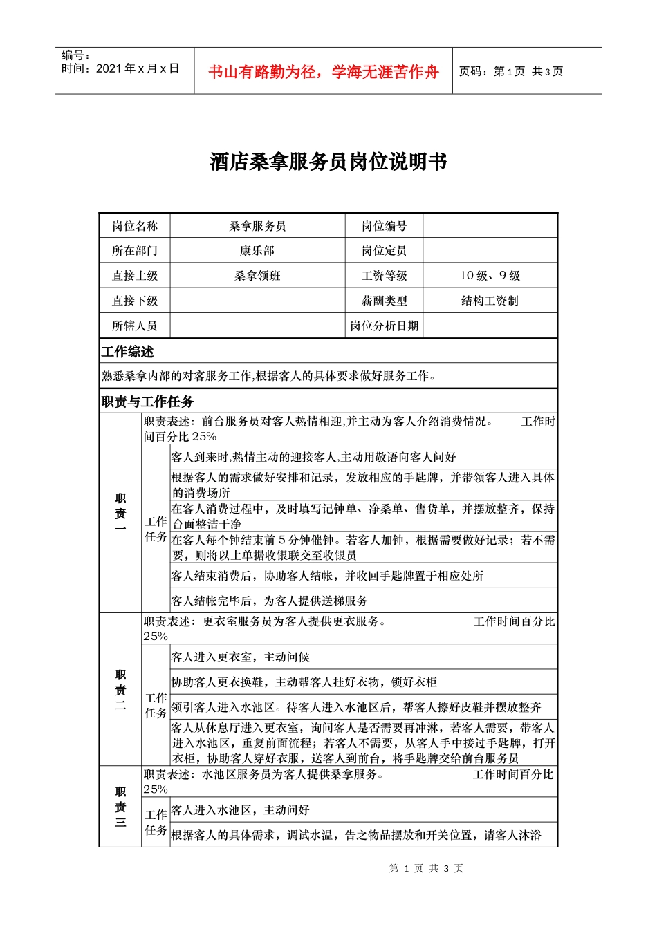 酒店桑拿服务员岗位说明书_第1页