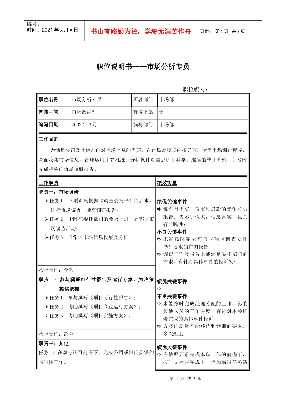 职位说明书—市场部分析员_第1页