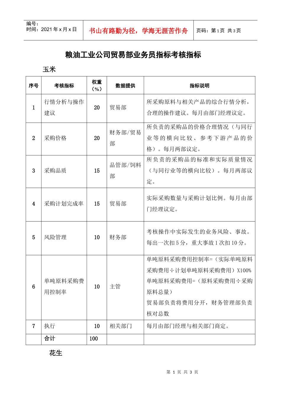 粮油工业公司贸易部业务员考核指标_第1页