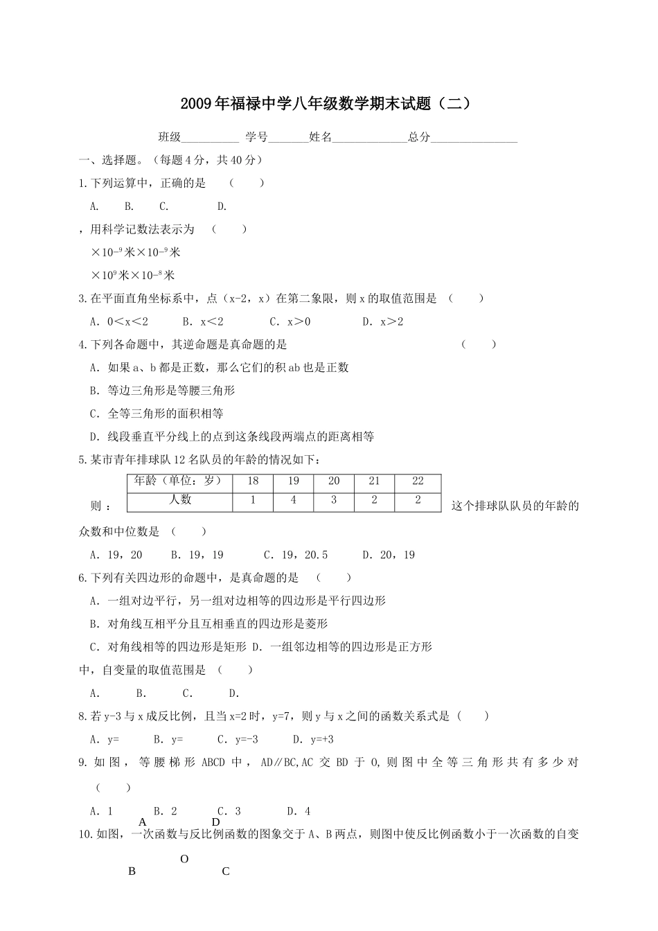 重庆梁平福禄八年级下期末试卷 _第1页
