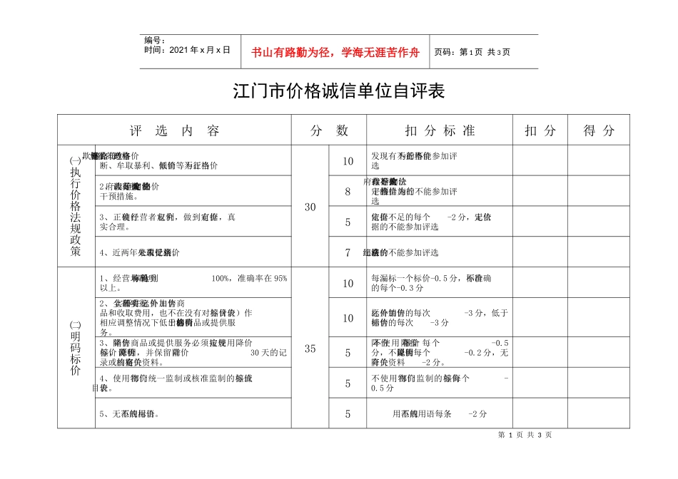 江门市价格诚信单位自评表_第1页