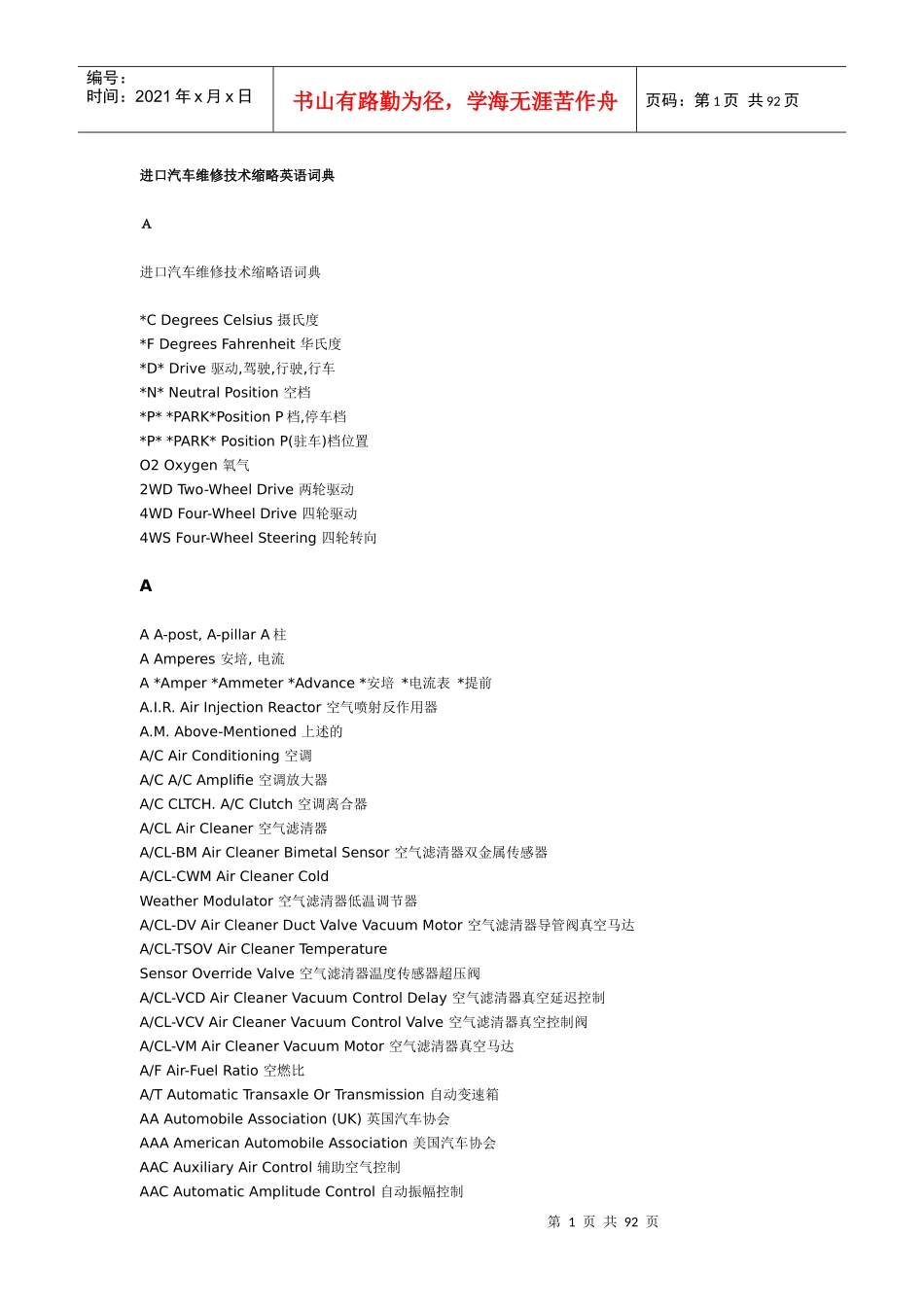 进口汽车维修技术缩略英语词典_第1页