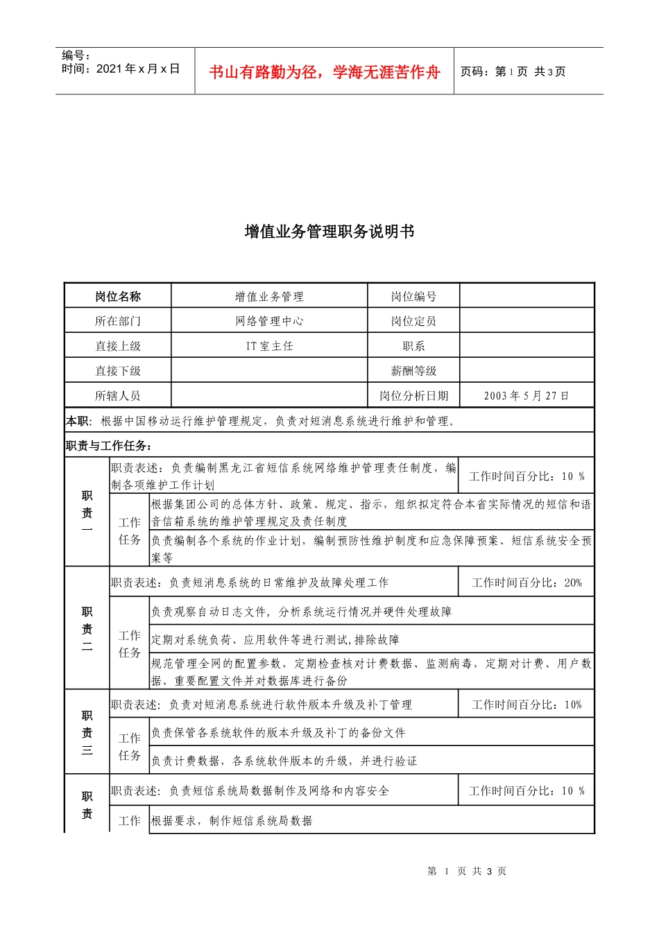 材料行业-网络管理中心-增值业务管理岗位说明书_第1页