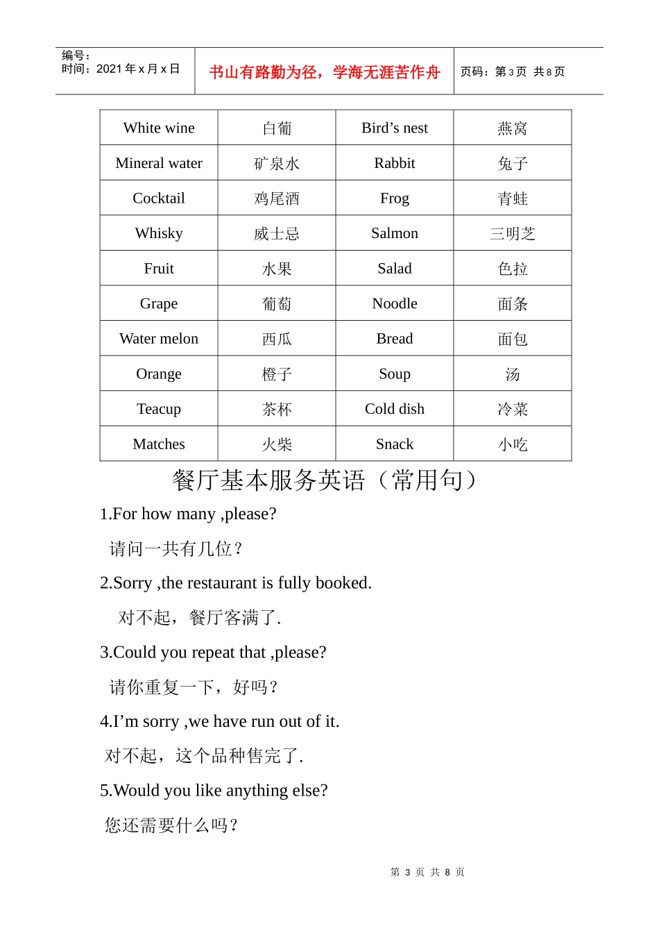 餐厅基本服务英语单词_第3页