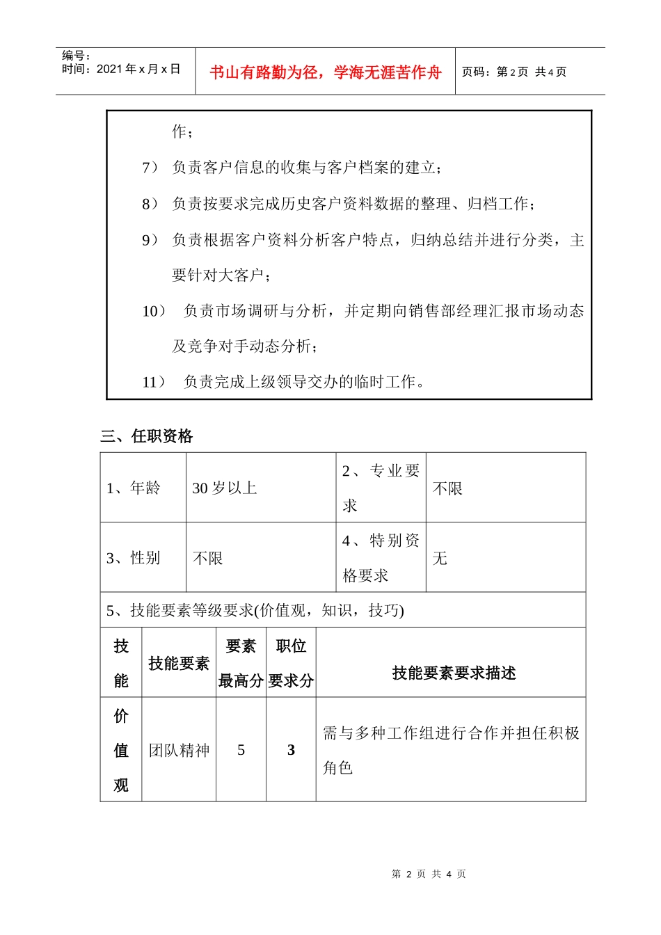 销售部市场主管职位说明书_第2页